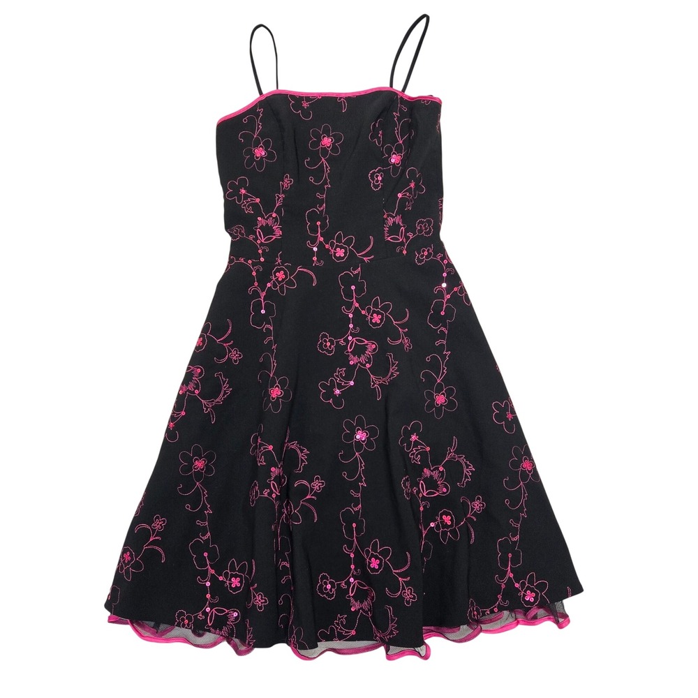 Steppin Out Black Pink Floral Sequin Fit Flare Dress Y2K Vintage Style Small